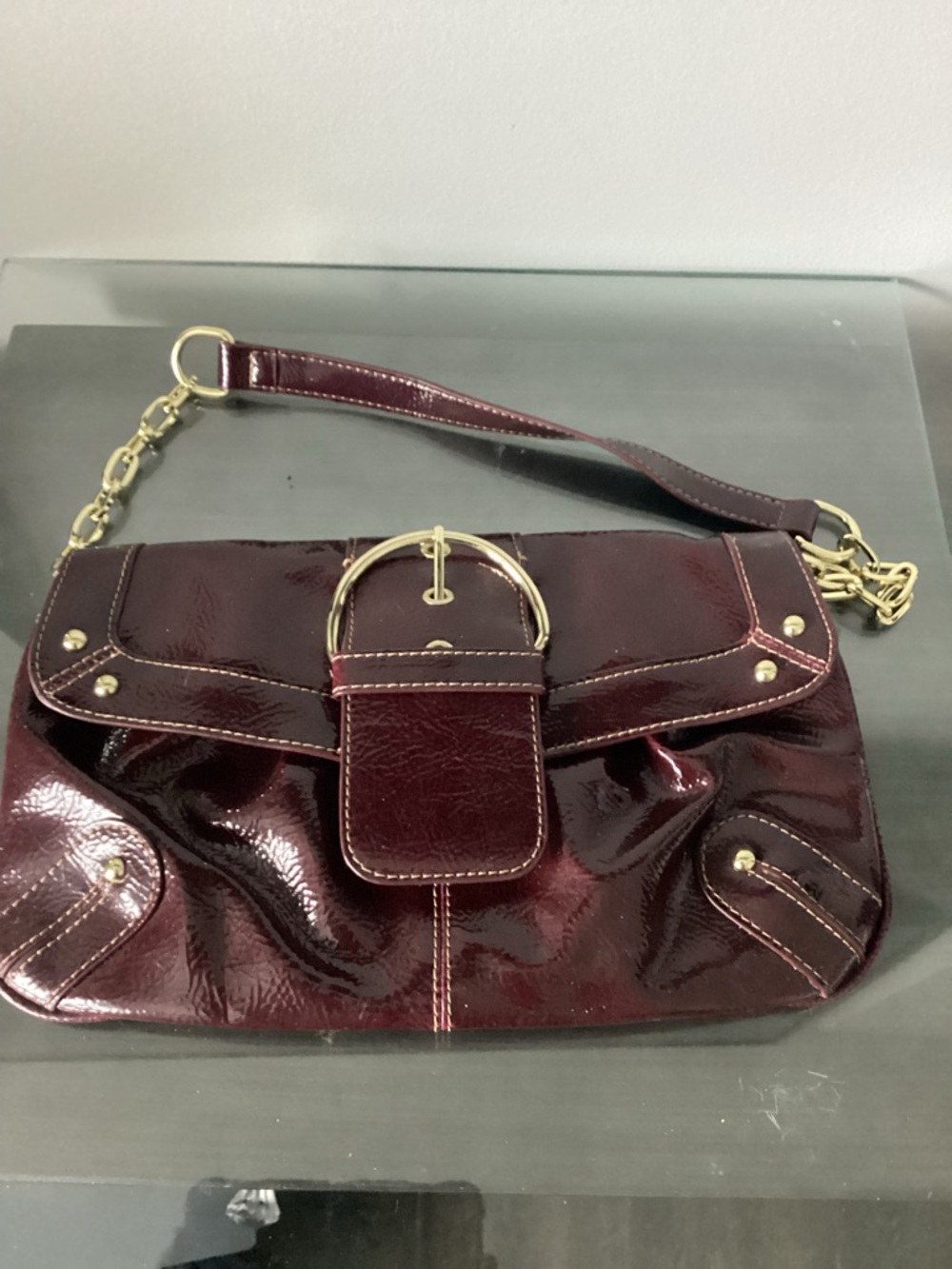 Burgundy Patent Leather Shoulder Bag with Gold and animal print lining